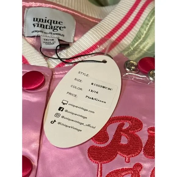 Unique Vintage Pink Green Bite Me Satin Bomber Jacket 1X 16 NWT - Picture 5 of 6